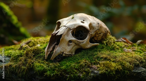 Animal skull resting on moss, natural decay, soft lighting, peaceful setting