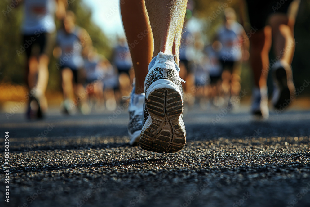 Naklejka premium image captures feet of runner at start of marathon, symbolizing determination and spirit of competition. focus on shoe highlights energy and excitement of event