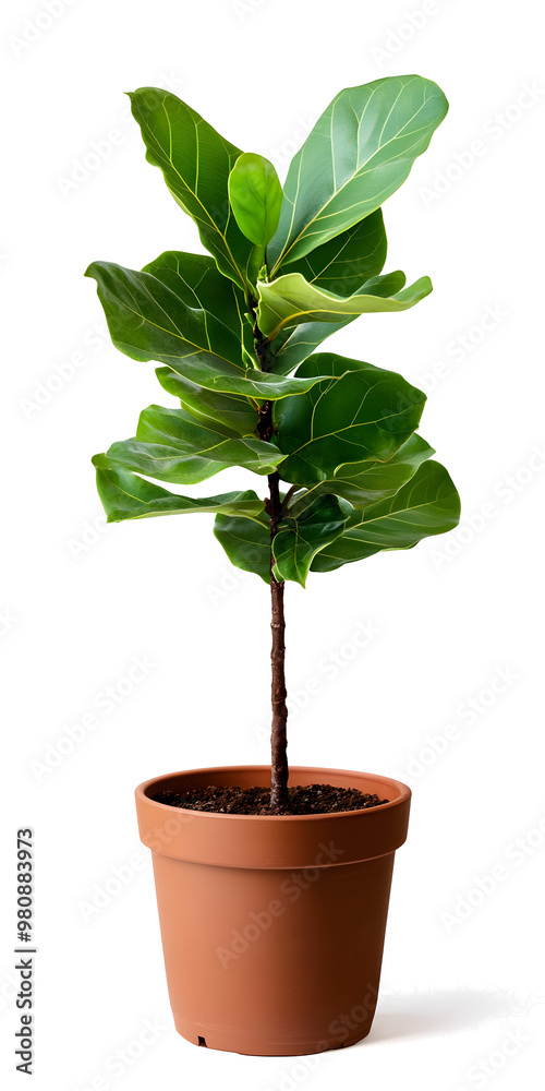 Fototapeta premium Ficus lyrata small plant fiddle-leaf fig in brown ceramic pot isolated on white background