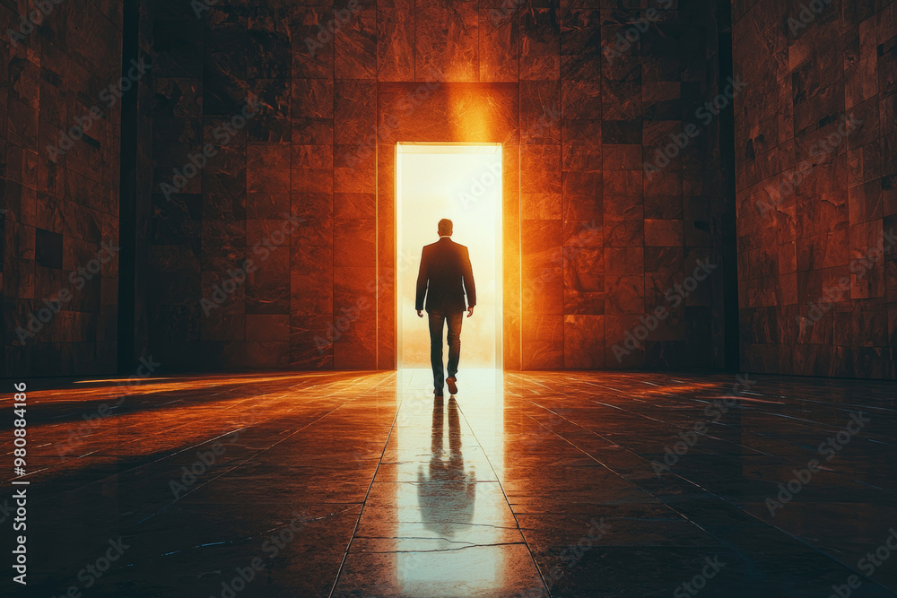 A person walking through an open door into bright, illuminated space, creating sense of hope and new beginnings. warm light contrasts with dark surroundings, enhancing emotional impact A person walking through an open door into bright, illuminated space, creating sense of hope and new beginnings. warm light contrasts with dark surroundings, enhancing emotional impact