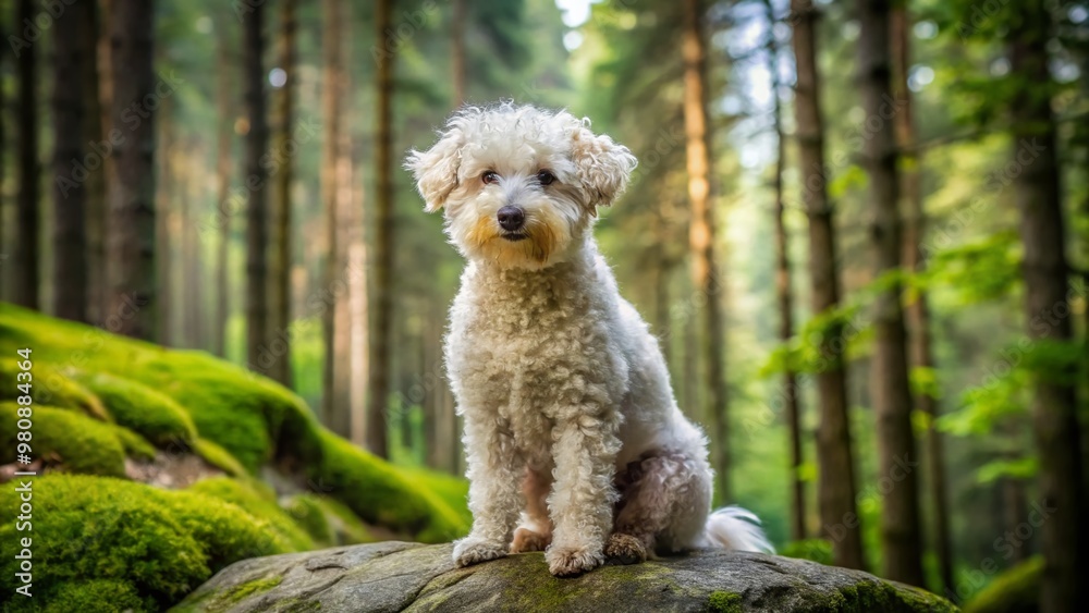 Fluffy white Pumi dog with curly coat and alert expression sits on a rocky outcropping amidst a lush Fluffy white Pumi dog with curly coat and alert expression sits on a rocky outcropping amidst a lush