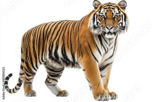 Wallpaper Mural A majestic tiger stands confidently on white isolated background, showcasing its striking orange and black stripes. This powerful animal exudes strength and grace, captivating all who gaze upon it Torontodigital.ca