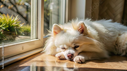 A fluffy white Pomeranian snoozes comfortably on a wooden floor, basking in the warm sunlight that streams through the window, creating a cozy atmosphere photo