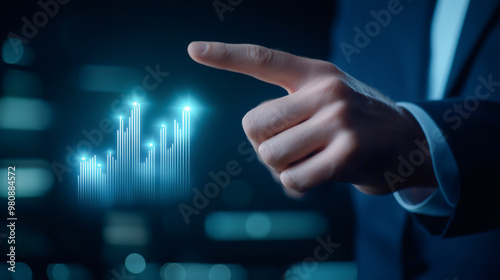 A business professional points at a digital growth chart, symbolizing success and innovation in modern finance and technology.