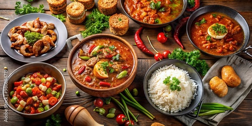 Savory Creole cuisine showcases rich gumbo, bold jambalaya, and delectable etouffee in a vibrant spread of flavors. photo