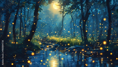 Enchanting Moonlit Firefly Forest with Dreamlike Reflections