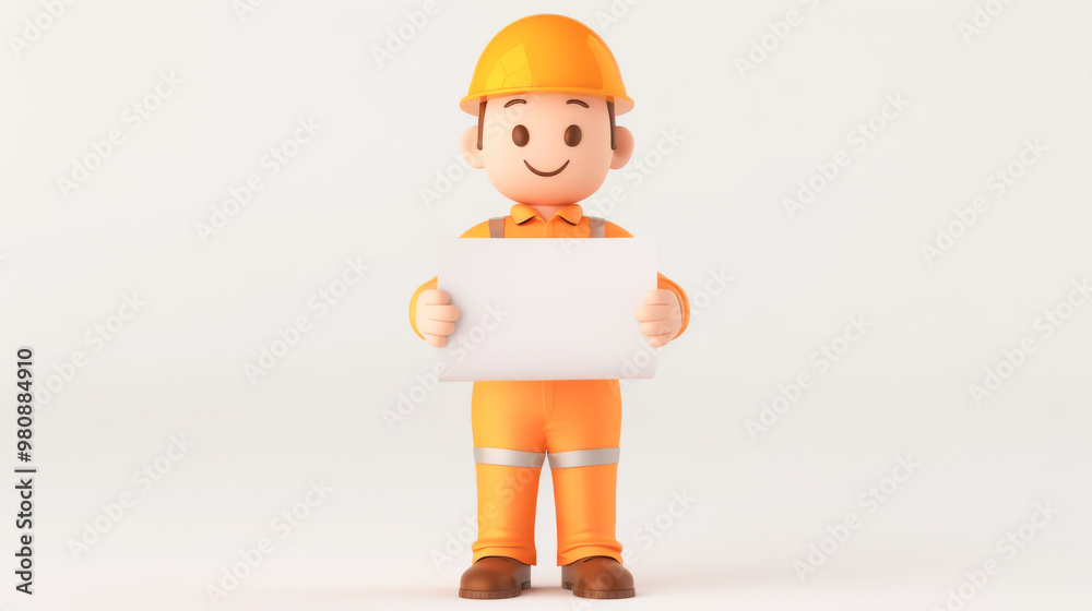 A cheerful construction worker figurine holding a blank sign, perfect for various advertising and promotional needs. A cheerful construction worker figurine holding a blank sign, perfect for various advertising and promotional needs.