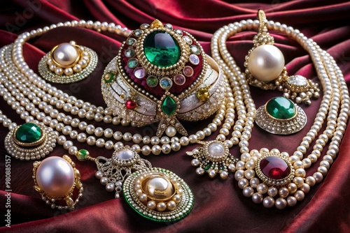 Luminous arrangement of silver and gold necklaces, earrings, and bracelets adorned with sparkling diamonds, rubies, emeralds, sapphires, and lustrous pearls on velvet background.