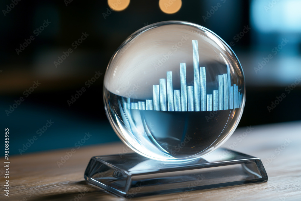 A crystal ball displaying a bar graph, representing data analysis and future forecasting in a business setting. A crystal ball displaying a bar graph, representing data analysis and future forecasting in a business setting.