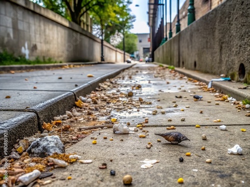 Freshly dropped white and brown bird droppings splattered on a worn, grey concrete sidewalk, surrounded by scattered