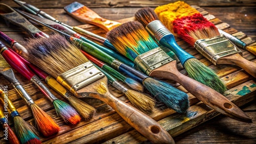 Vibrant paintbrushes with diverse bristle textures and colors rest against a worn wooden palette, surrounded by artistic tools in a creative, well-used workspace.