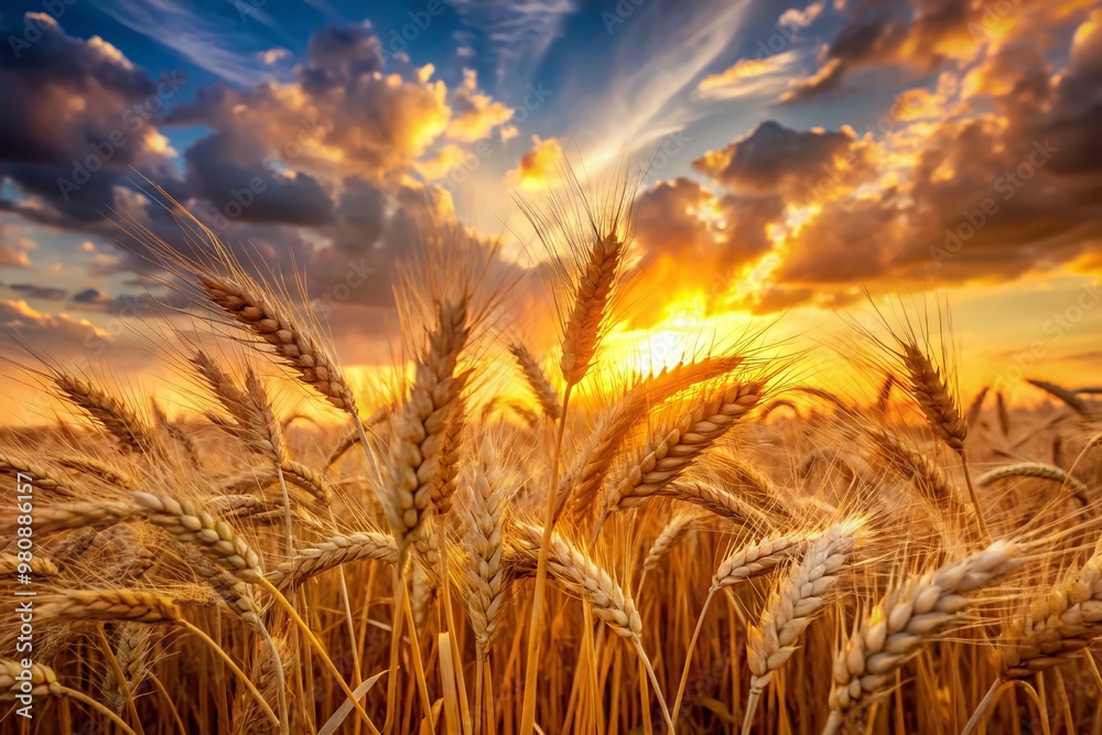 Freshly harvested stalks of golden wheat sway gently in the breeze, set against a warm sunset sky with Freshly harvested stalks of golden wheat sway gently in the breeze, set against a warm sunset sky with