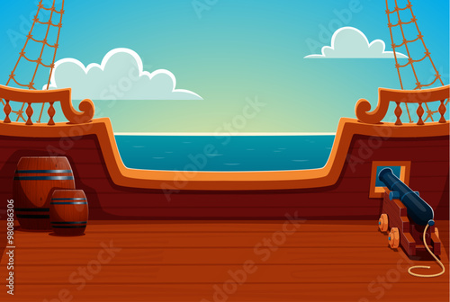 Pirate ship deck with wooden barrels and a cannon, set against a serene ocean backdrop. Cartoon vector game background captures the adventurous corsair spirit of maritime life and open sea exploration