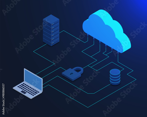 Cloud computing technology concept. Modern data center technology, web hosting and cyber security in isometric style on dark blue background