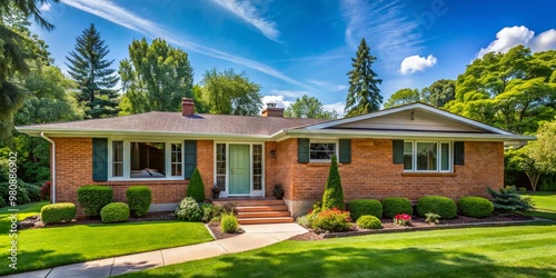 Freshly renovated vintage 1960s brick house facade with updated windows, doors, and exterior trim, set amidst lush photo