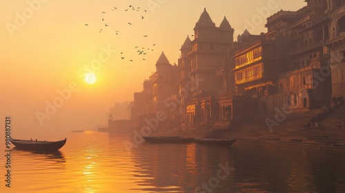 Varanasi ghats with a sunrise over the Ganges River.