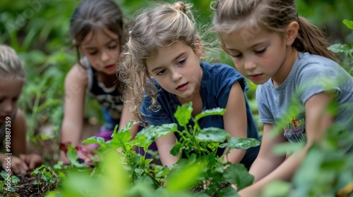 Wallpaper Mural Children in nature, outdoor education with a teacher teaching them about plants and wildlife. Kids doing garden work together. A group of school children looking at leaves while having fun on a summer Torontodigital.ca