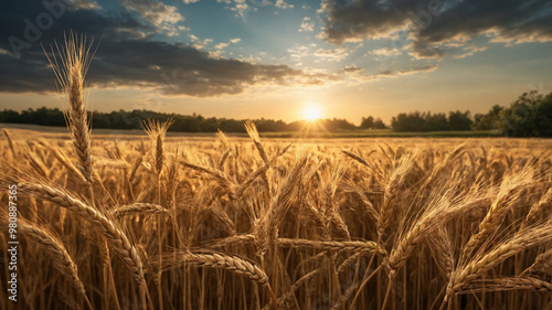 In the early morning light, fields of ripening wheat stretch endlessly, their golden heads catching the soft glow of the sun, ready for the coming harvest