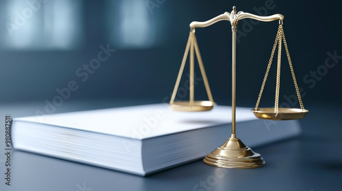 A golden scale of justice placed next to a law book symbolizing fairness, legal system, and the pursuit of justice. photo