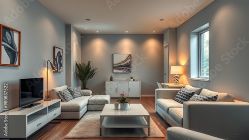 Cozy studio apartment features minimalist decor with soft gray walls, sleek white furniture, and warm accent lighting,