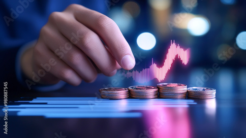 A hand adjusting coins while analyzing a financial growth chart, symbolizing investment and economic progress.