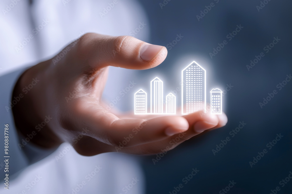 A hand holding an illuminated graphic of buildings, representing growth and innovation in the architecture and real estate sector. A hand holding an illuminated graphic of buildings, representing growth and innovation in the architecture and real estate sector.