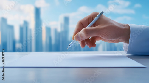 A hand holding a pen writes on a blank sheet with a modern city skyline in the background, capturing creativity and inspiration.