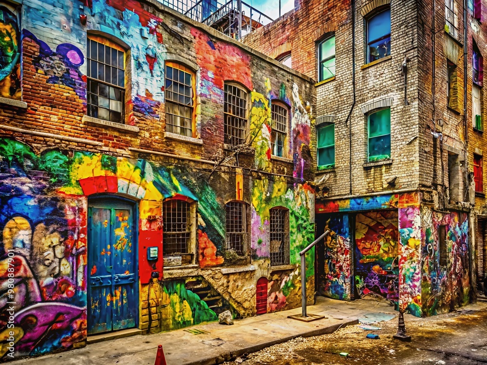 Fototapeta premium Vibrant urban collage of weathered walls featuring eclectic mix of graffiti art in varying colors, styles, and textures, with abstract shapes and bold typography.