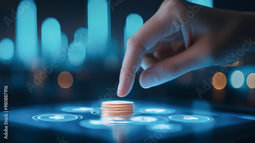 A hand interacting with digital coins on a futuristic touchscreen, symbolizing finance and technology in the digital age.