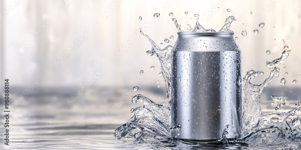 Can of fresh soda with water drops on  background, aluminum cans closeup
