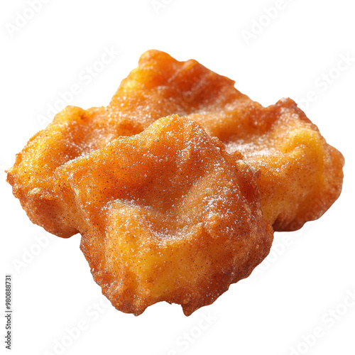 26. A fried apple fritter with golden brown edges and visible cinnamon sugar, isolated on a white background