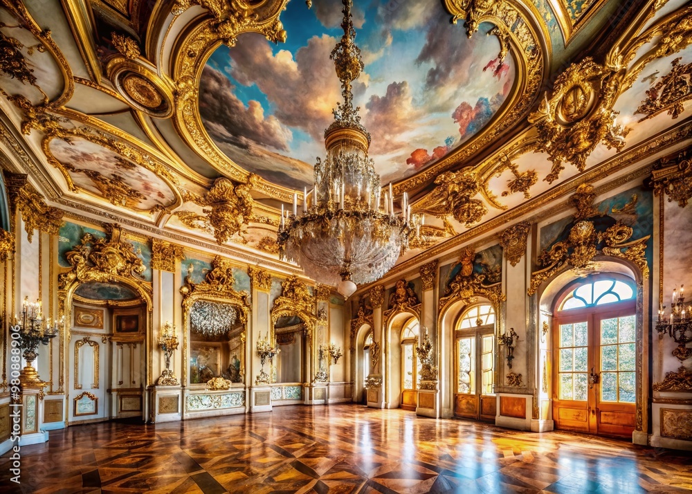 Fototapeta premium Grandiose vacant room adorned with intricate gold moldings, ornate chandeliers, and lavish frescoed ceilings, exuding opulence and refinement in an elegant baroque interior.