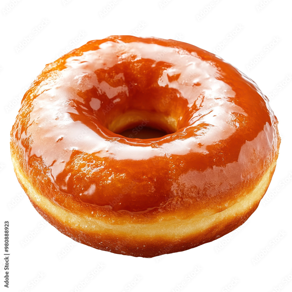 11. A fried doughnut with a golden glaze, isolated on white showing its texture and slight sheen of the sugary coating