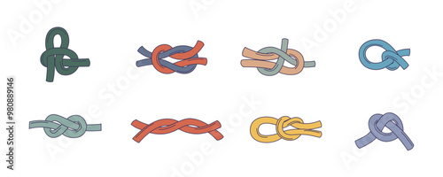 Color Different Doodle Rope Knots Set Isolated on a White Background. Vector illustration of Knotted Cord in Various Positions