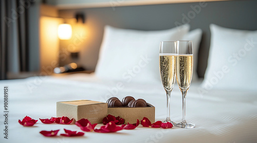 an expertly made hotel bed with a heart-shaped arrangement of rose petals, a box of premium chocolates, and a pair of champagne flutes