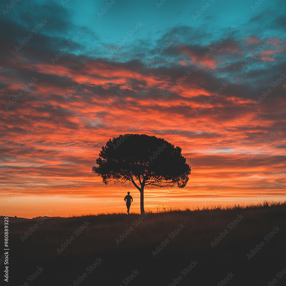 A lone tree stands on horizon, silhouetted against vibrant sunset, creating serene and contemplative atmosphere. A lone tree stands on horizon, silhouetted against vibrant sunset, creating serene and contemplative atmosphere.