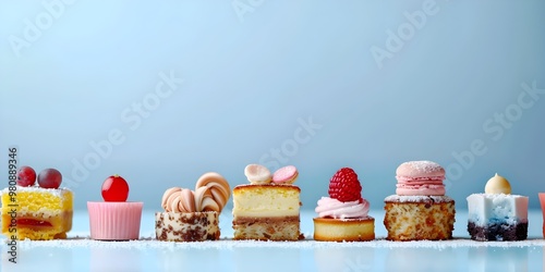 Colorful Assortment of Petit Fours Artfully Arranged on Sky Blue Surface with Elegant High Key Lighting