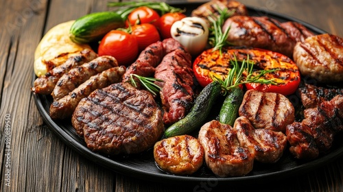 A plate of assorted grilled meats and vegetables, leaving space for text on the side.