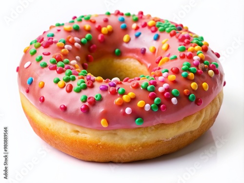 Sweet and colorful glazed donut with sprinkles isolated on a crisp white background, perfectly lit to showcase its tempting texture and appetizing details.