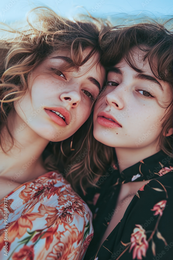 Close-up portrait of two young women with windswept hair, wearing floral outfits, sharing an intimate, serene moment outdoors Close-up portrait of two young women with windswept hair, wearing floral outfits, sharing an intimate, serene moment outdoors
