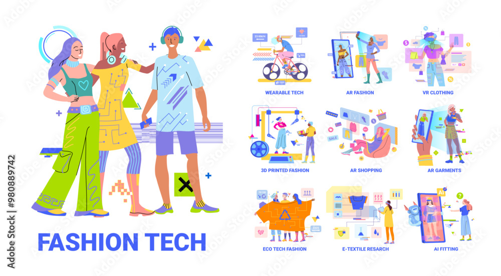 Cartoon Color Characters People and Fashion Tech Concept Flat Design Style. Vector illustration of Vr Clothing and Ar Shopping Cartoon Color Characters People and Fashion Tech Concept Flat Design Style. Vector illustration of Vr Clothing and Ar Shopping