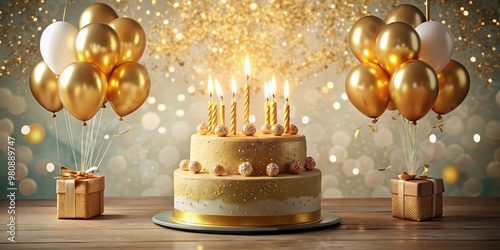 Golden balloons and confetti surround a delicious multi-tiered cake with seven candles, celebrating a milestone 70th