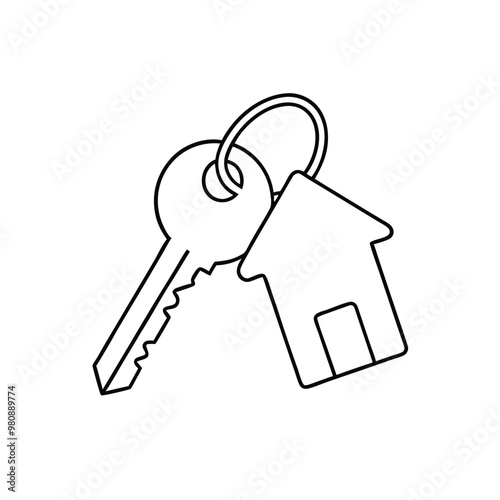 a minimal  House keys with house shaped keychain, vector silhouette, isolated white background