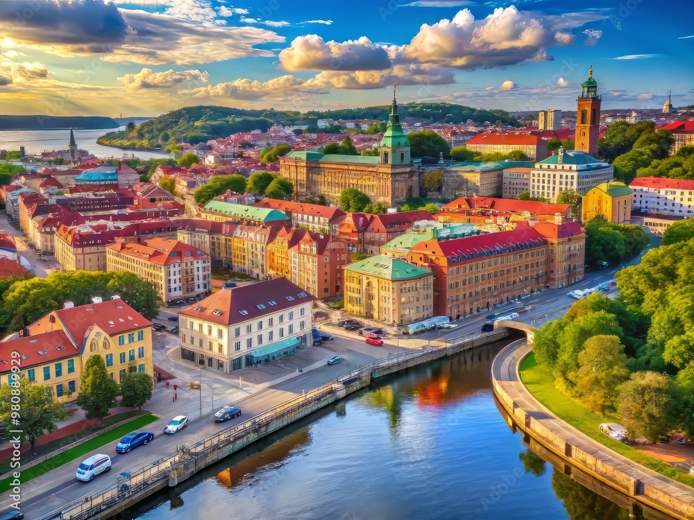 Fototapeta premium Explore Gothenburg, Sweden's scenic cityscape featuring dynamic urban life, stunning architecture, and beautiful