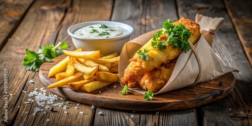 Golden-brown battered cod and crispy fries served in a traditional cone, garnished with salt and tartar sauce, against photo