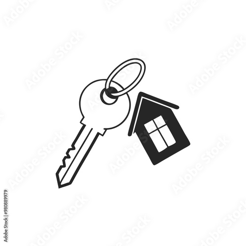 a minimal  House keys with house shaped keychain, vector silhouette, isolated white background