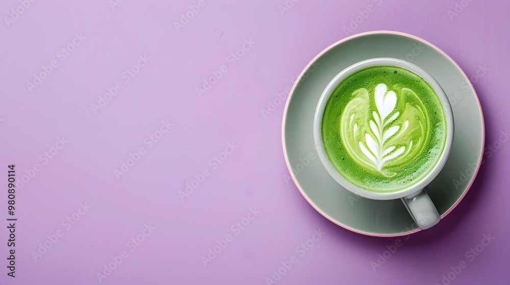Frothy Cappuccino and Earthy Matcha Latte on Minimalist Lilac Background with Copy Space Frothy Cappuccino and Earthy Matcha Latte on Minimalist Lilac Background with Copy Space