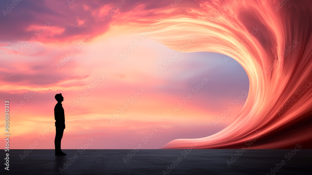 Fototapeta premium A silhouette of a person stands in awe of a vibrant, swirling sunset with dramatic cloud formations, evoking emotion and wonder.