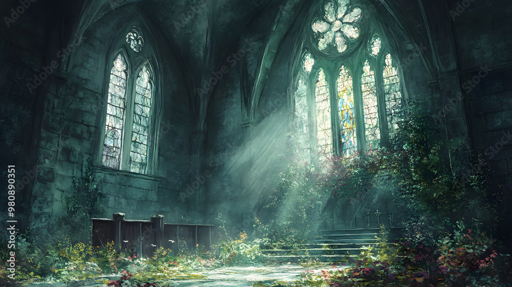 Abandoned church shattered stained glass creeping