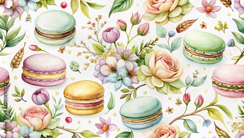 Delicate watercolor illustration of an enchanted garden scene featuring afternoon tea macarons, tiny flowers, and subtle gold accents in a seamless repeating pattern.